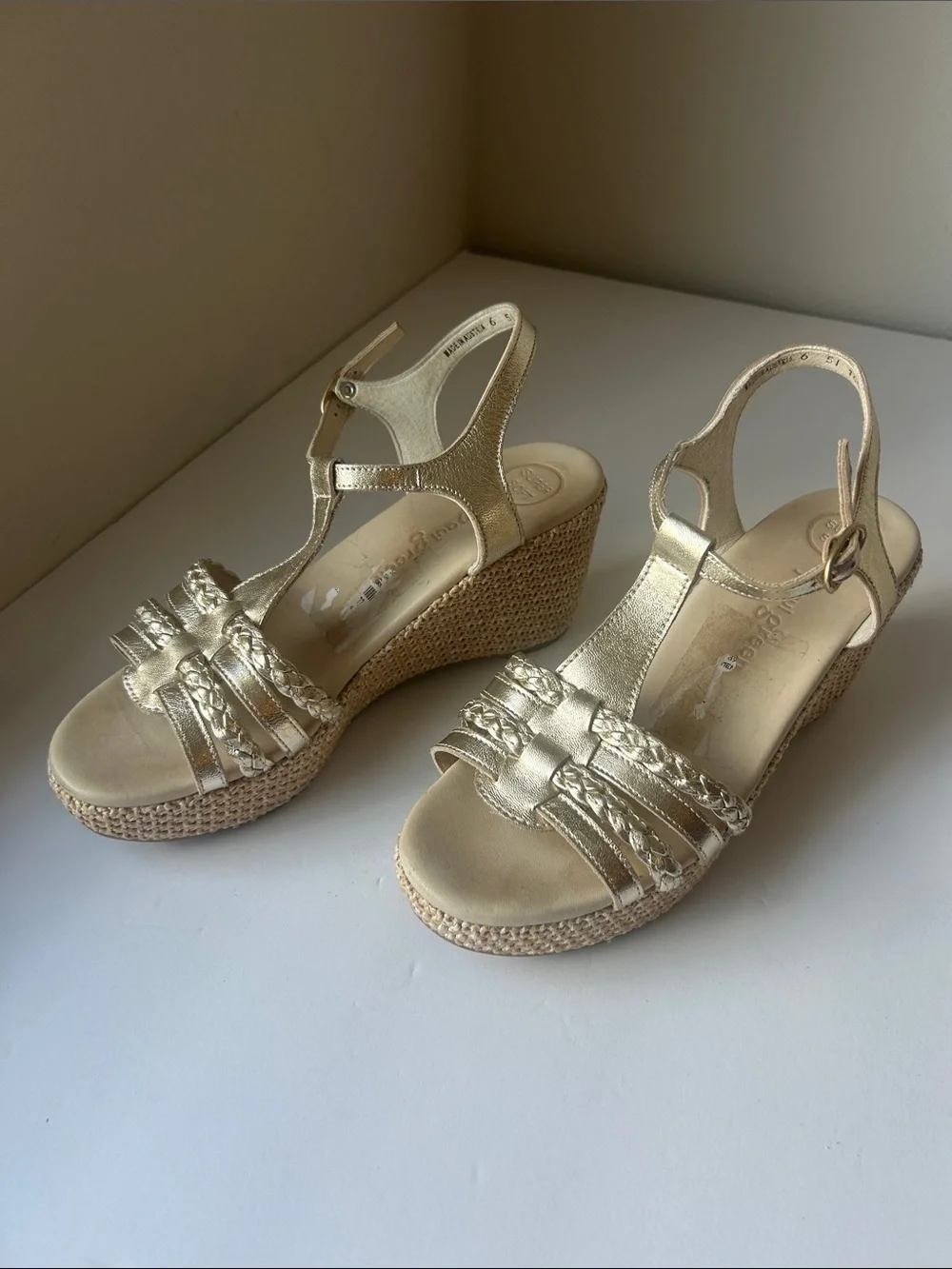 Paul Green Metallic Gold Leather T-Strap Wedge Sandals